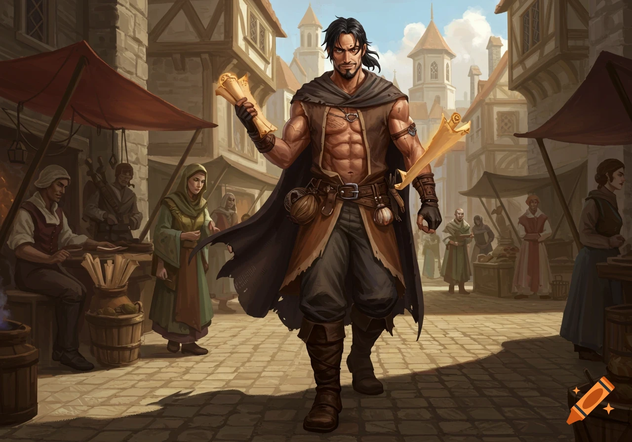 A muscular sorcerer in a ragged cloak holds scrolls, walking through a busy medieval town square, digital art style.