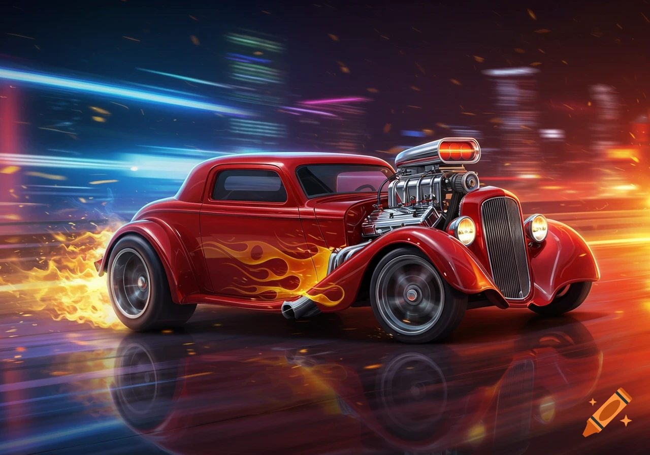 A vibrant red hot rod with chrome engine and side flames speeds through a futuristic, neon-lit city at night, leaving a trail of fire.