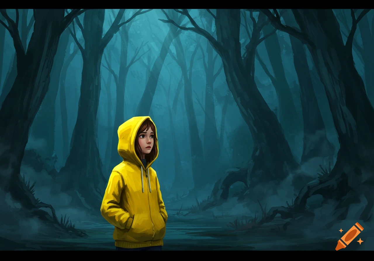 A digital illustration of a young girl in a yellow hoodie standing in a dark, misty forest.