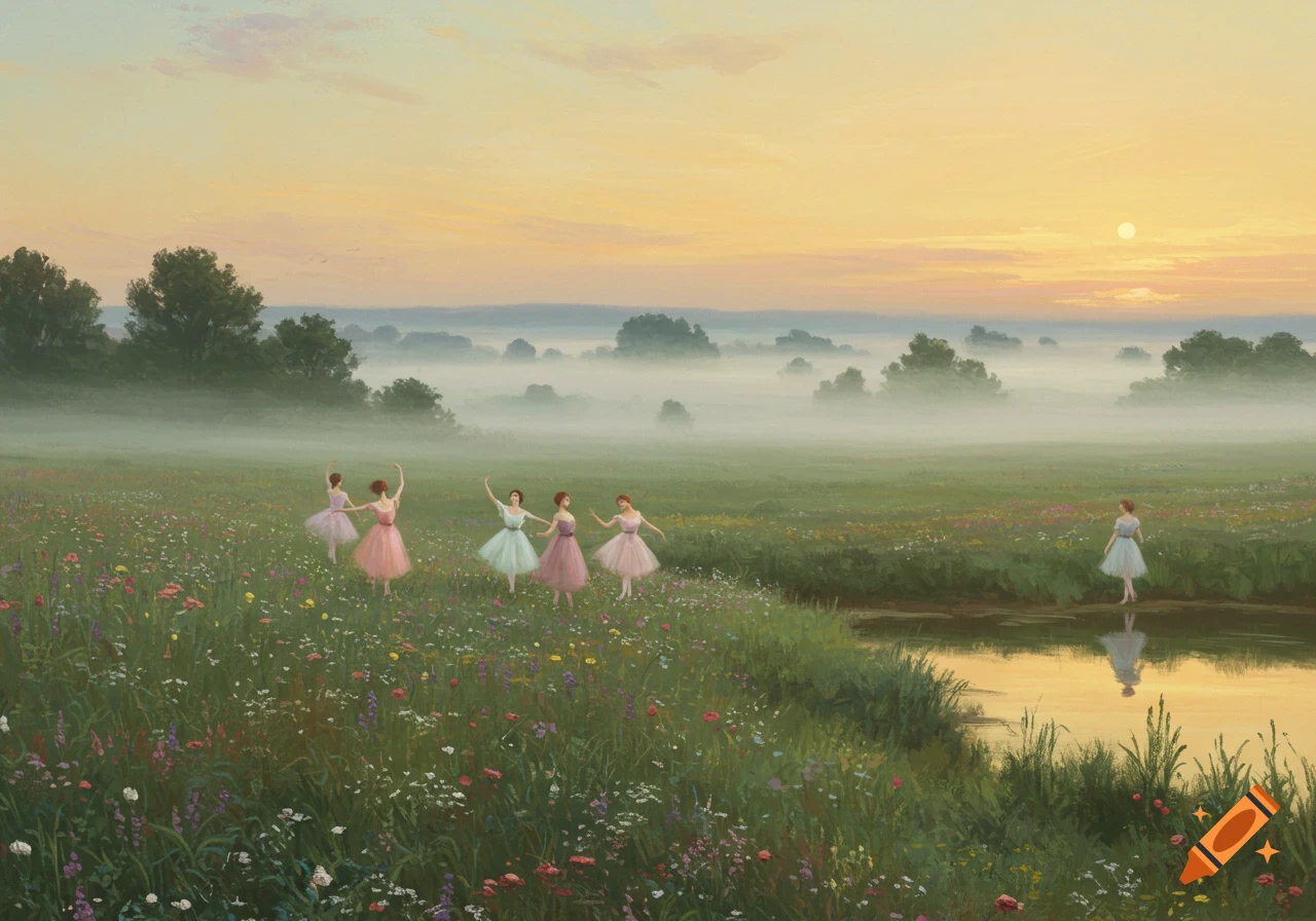 Ballerinas dance in a misty, wildflower-filled field at sunrise, with a pond reflecting the golden sky. Painterly style.