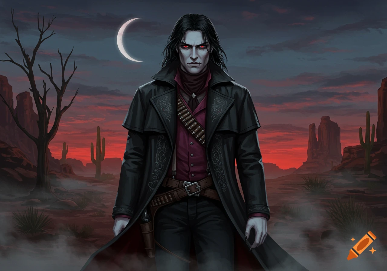A pale, long-haired male vampire with red eyes in a black trench coat and bandolier stands in a desert at dusk under a crescent moon, stylized art.
