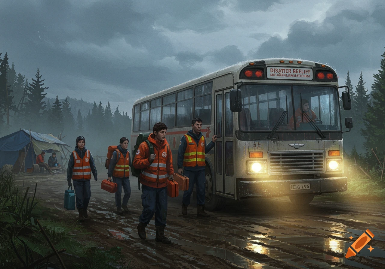 Disaster relief team members in orange vests walk through muddy terrain beside a large bus under a grey sky, with a tent in the background.
