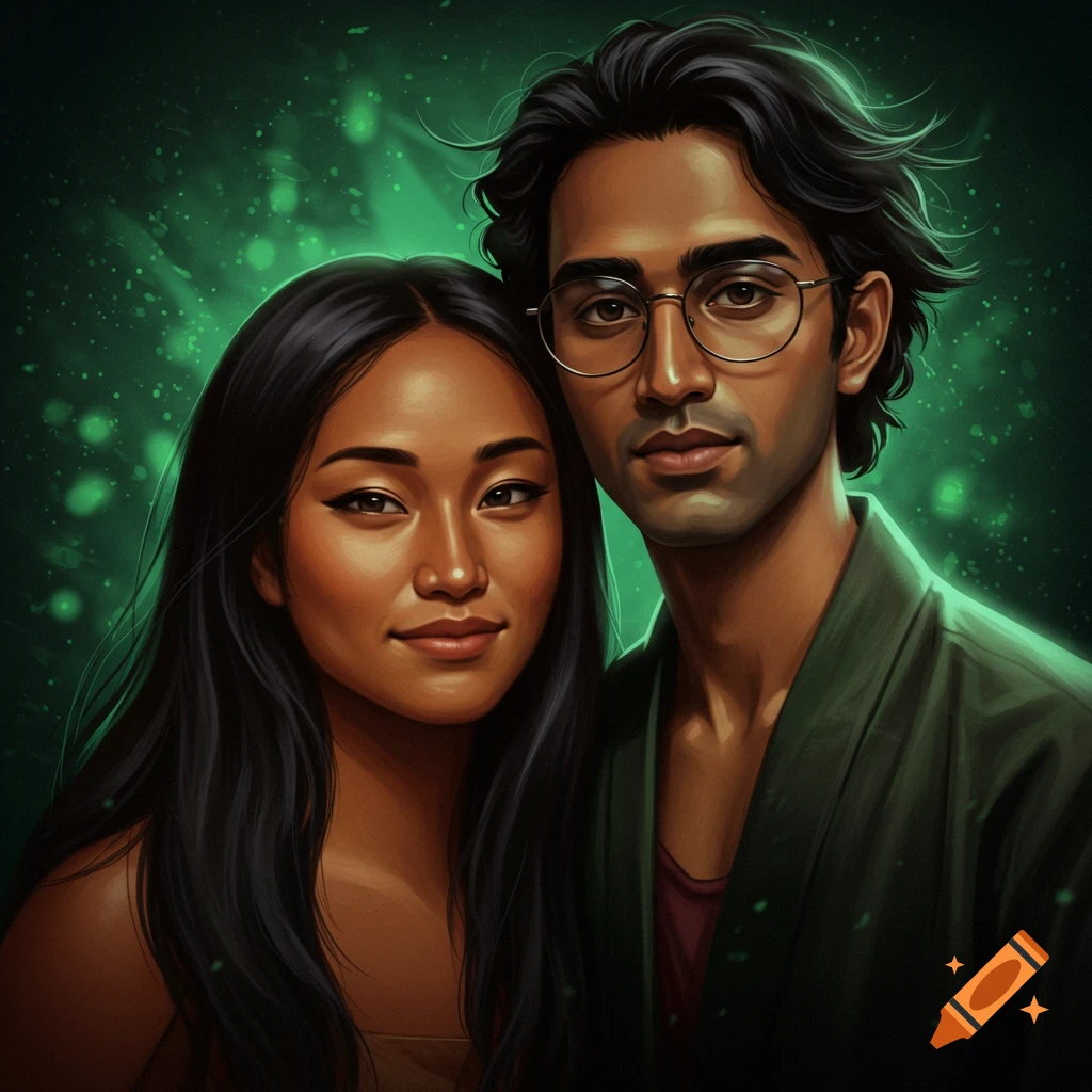 Digital art portrait of a woman with long black hair and a man with glasses, both with dark features, against a glowing green background.