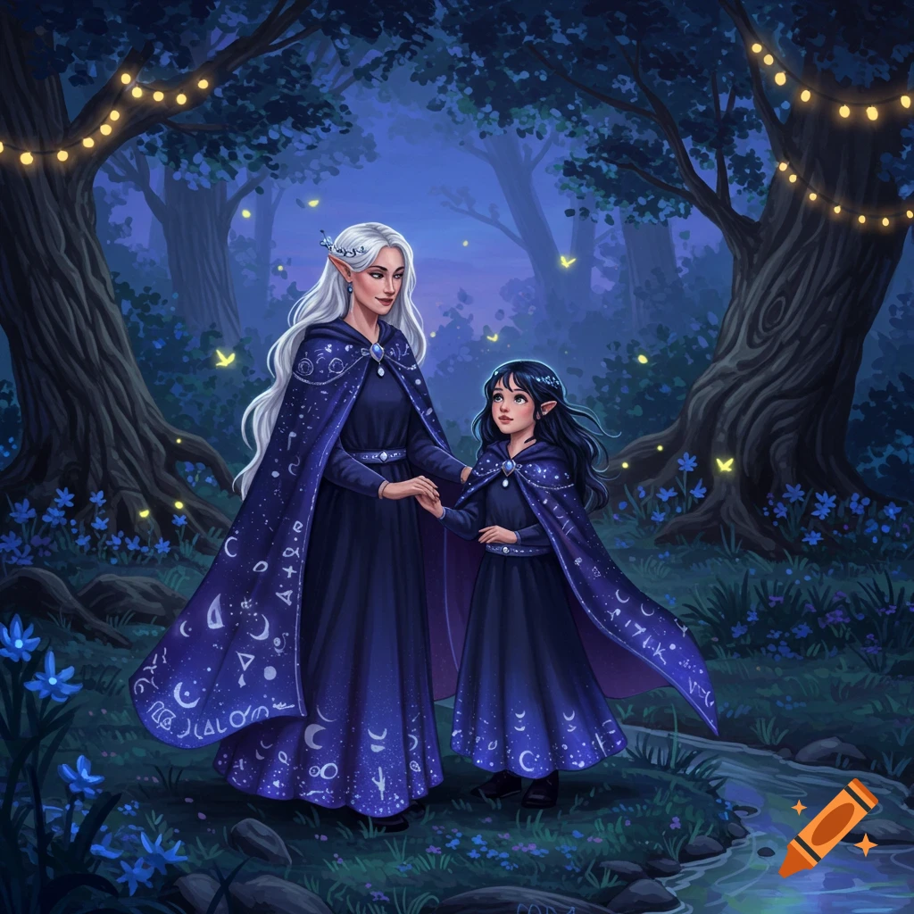 An illustration of a tall witch with long white hair and a smaller witch with dark hair, both wearing dark blue cloaks with celestial patterns, holding hands in a magical, twilight forest with glowing lights.