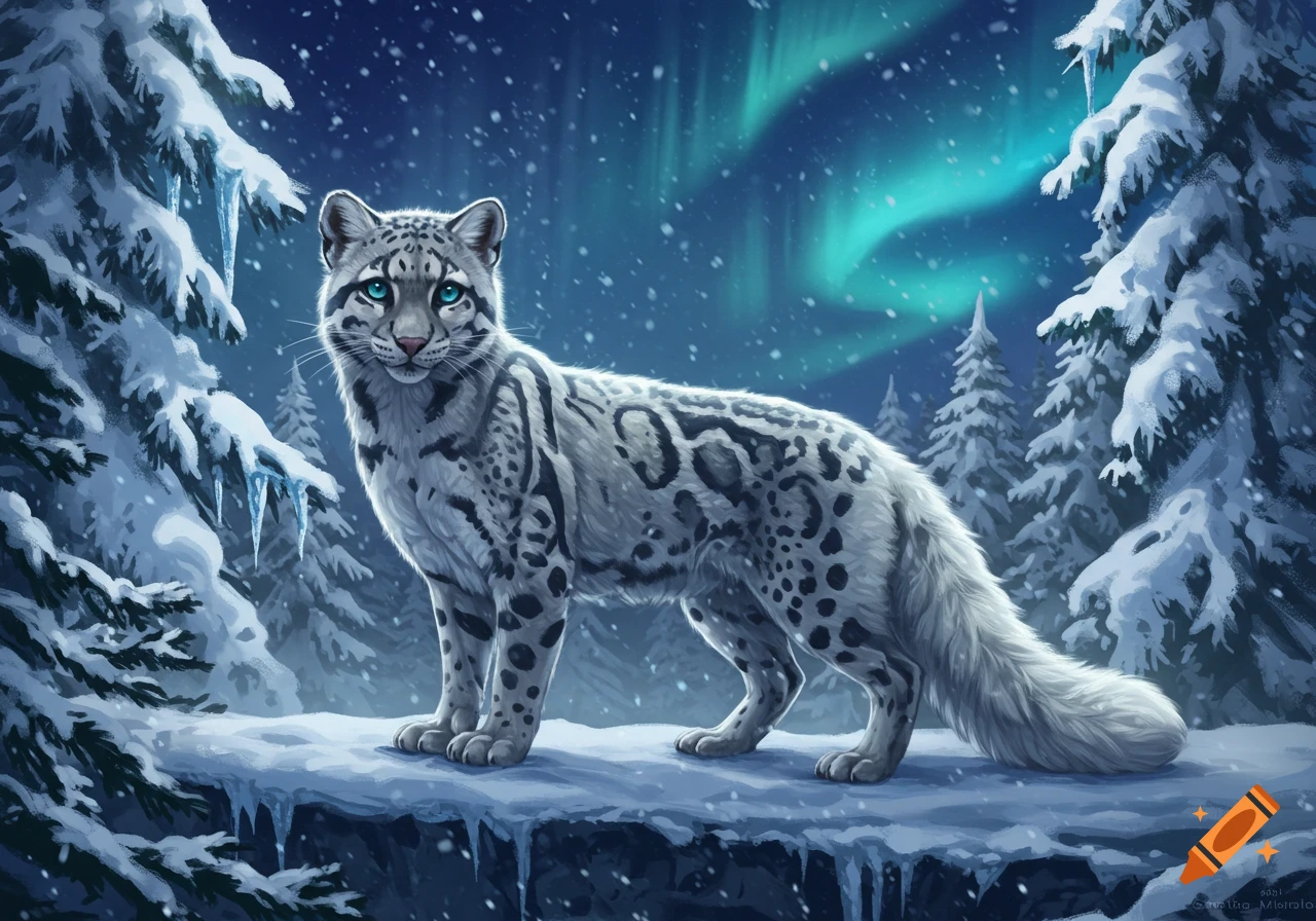 A majestic snow leopard with striking blue eyes stands on a snowy ledge in a winter forest under a vibrant aurora borealis sky. Digital painting style.