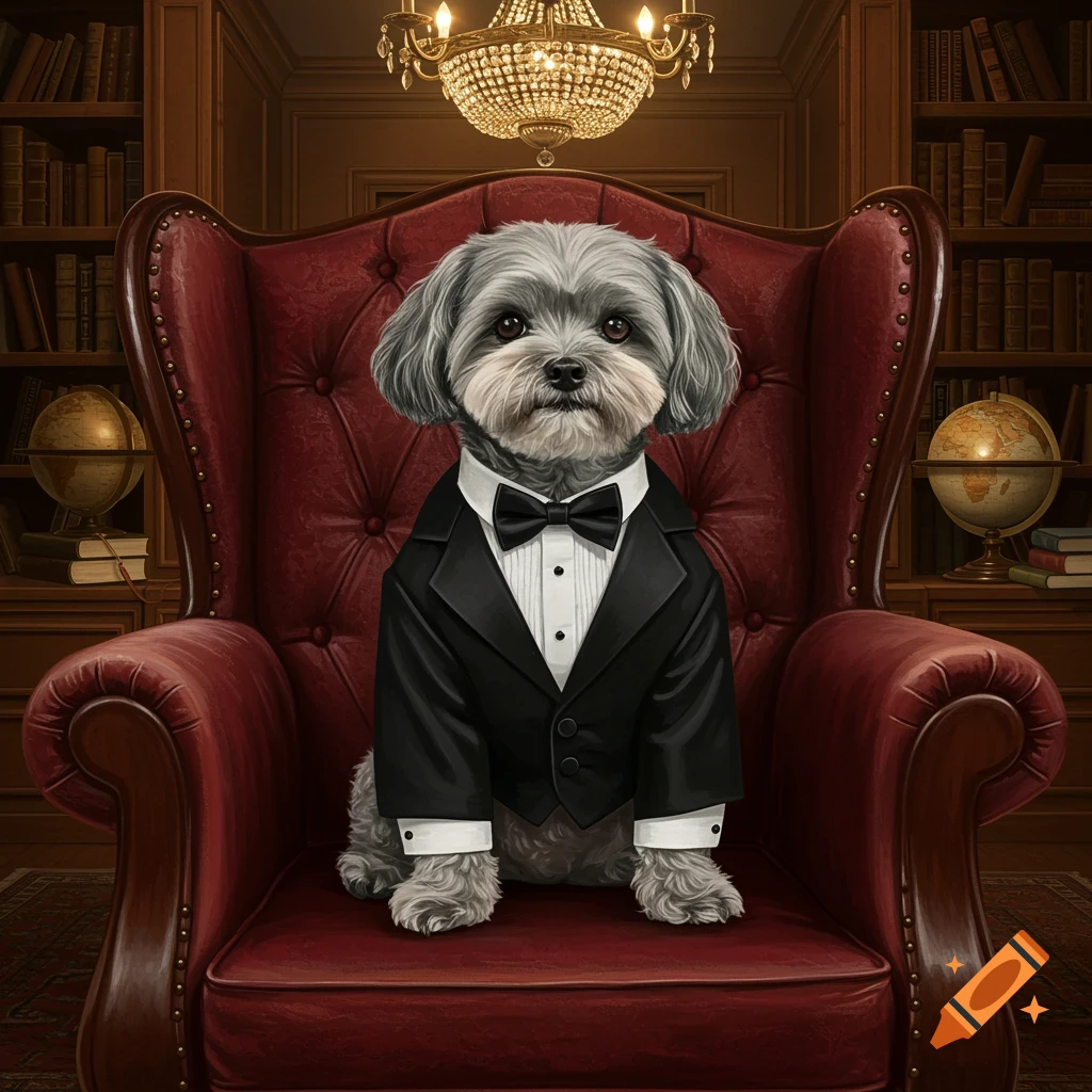 A small gray fluffy dog wearing a black tuxedo and bow tie, sitting formally on a red leather armchair in a grand library.