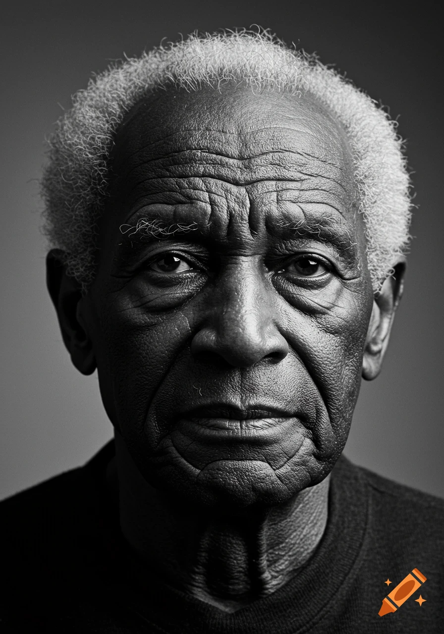 A photorealistic black and white close-up portrait of an elderly man with white hair looking directly at the viewer.