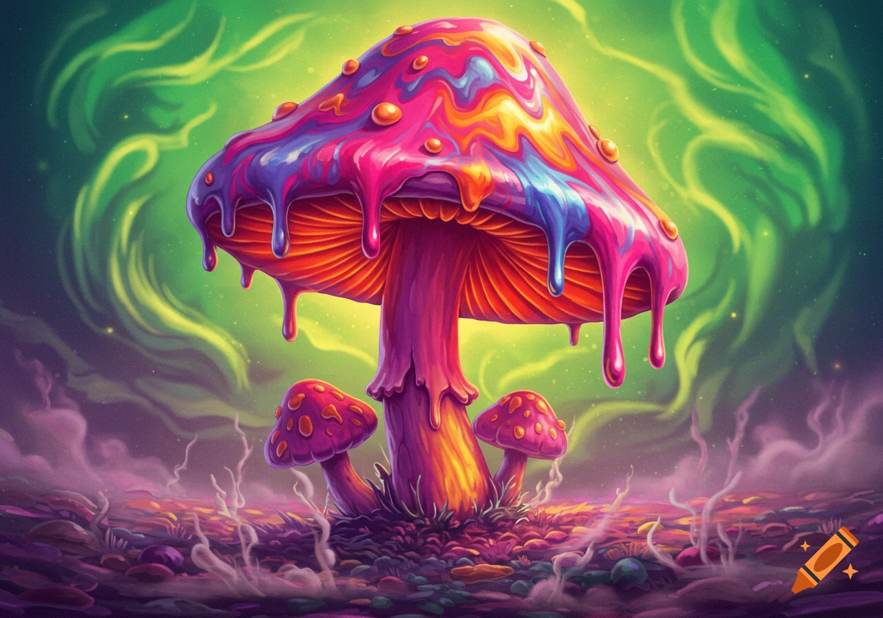 A vibrant, melting psychedelic mushroom with smaller mushrooms on a colorful fantasy landscape.