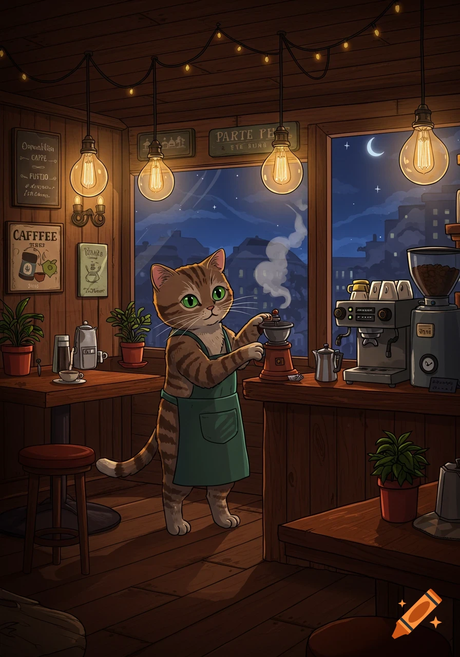 A cartoon tabby cat wearing a green apron grinds coffee beans in a cozy, dimly lit cafe at night, with a moonlit city visible outside the window.