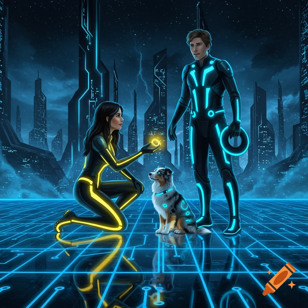 A woman in a yellow Tron suit kneels holding a glowing ring for a man in a blue Tron suit and a dog on a futuristic grid.