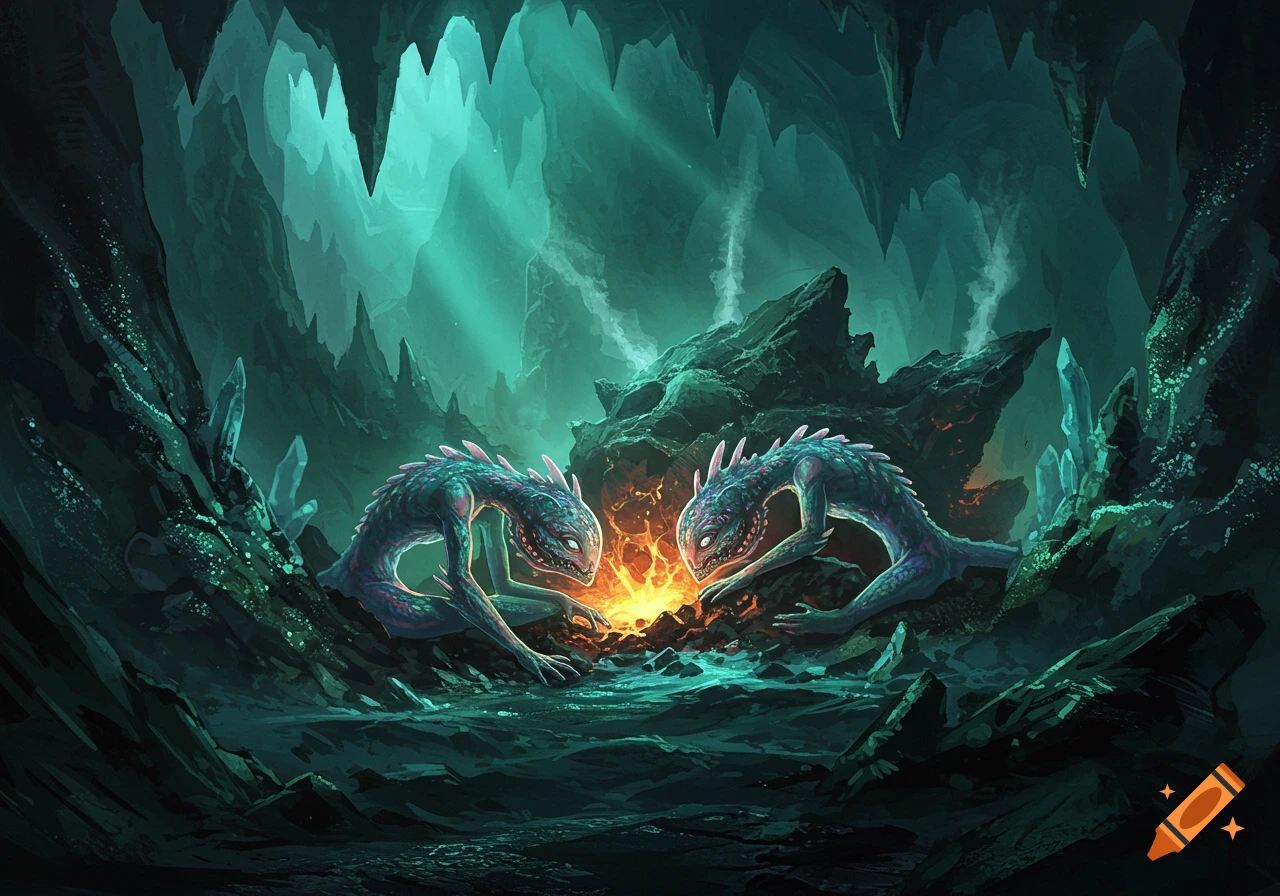 Two alien-like creatures with spiky backs and glowing eyes huddle around a fiery pit in a dark, teal-lit underground cave.