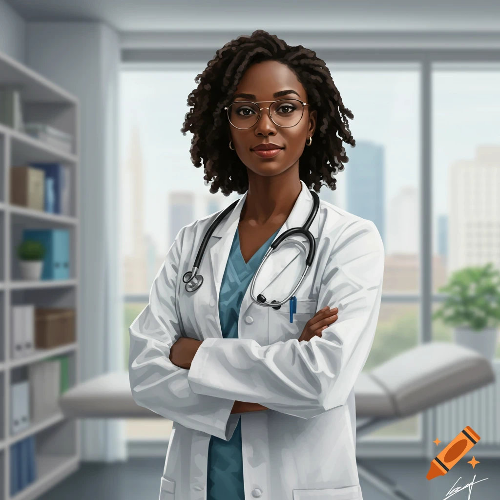 A Black woman doctor in a white lab coat and stethoscope stands with arms crossed in a doctor's office.