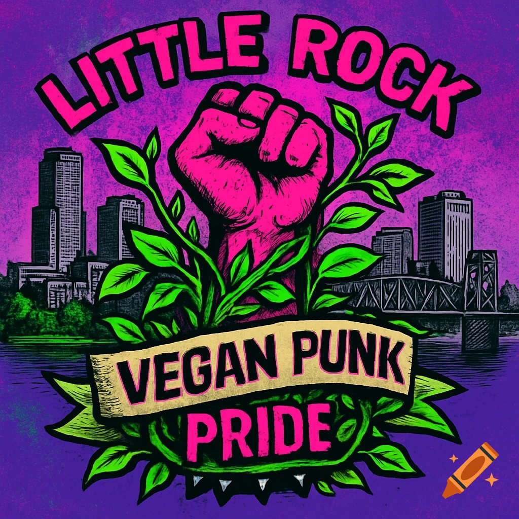 Stylized logo with a pink raised fist, green plants, and a city skyline background. Text reads "LITTLE ROCK VEGAN PUNK PRIDE".