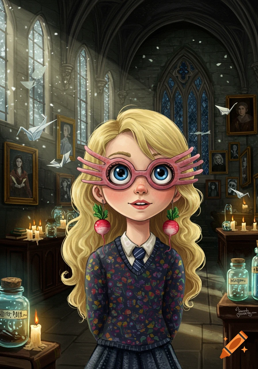 Stylized illustration of a blonde girl with large blue eyes wearing pink radish earrings and Spectrespecs glasses in a gothic hall with floating paper cranes and candles.