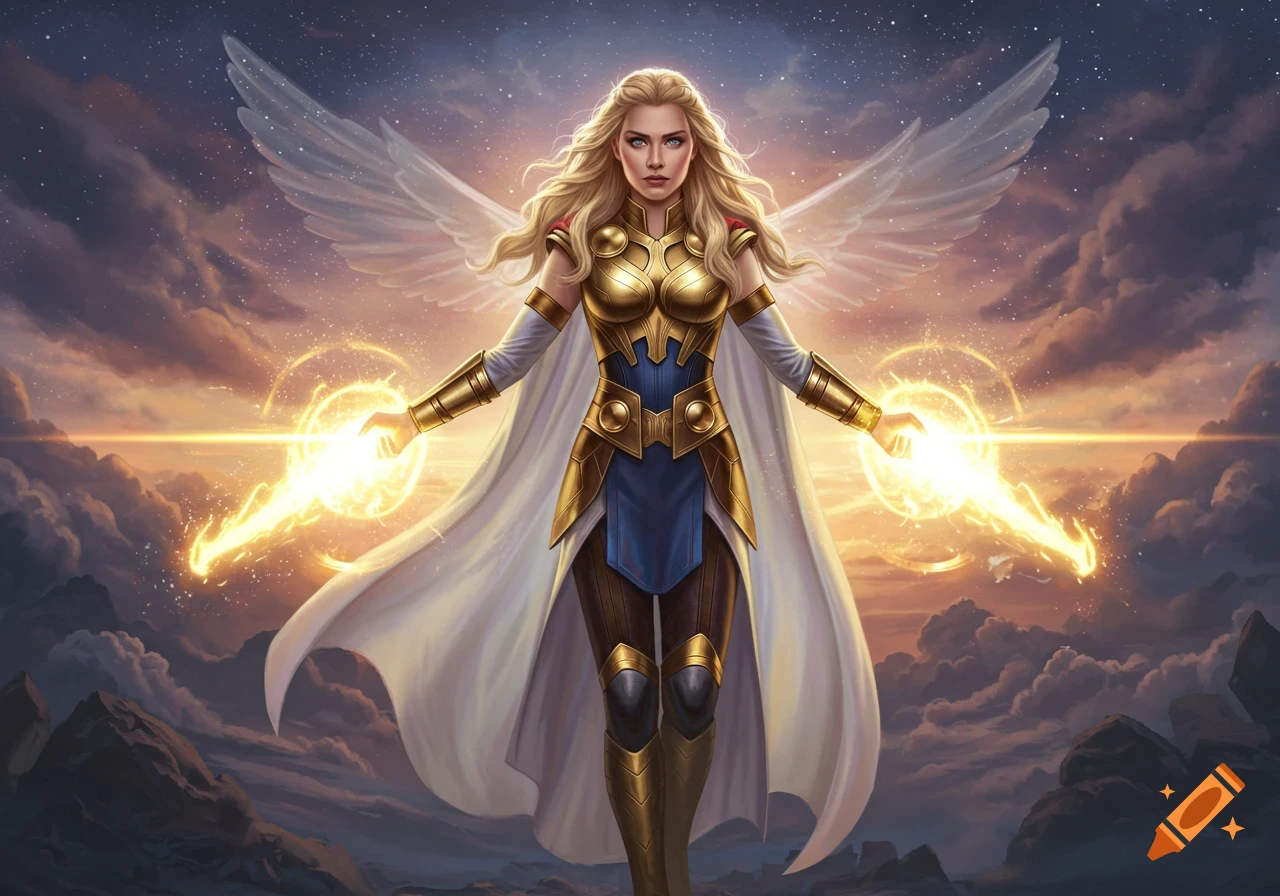 A blonde goddess in golden armor with white wings stands against a cosmic sky, holding two glowing light beams.