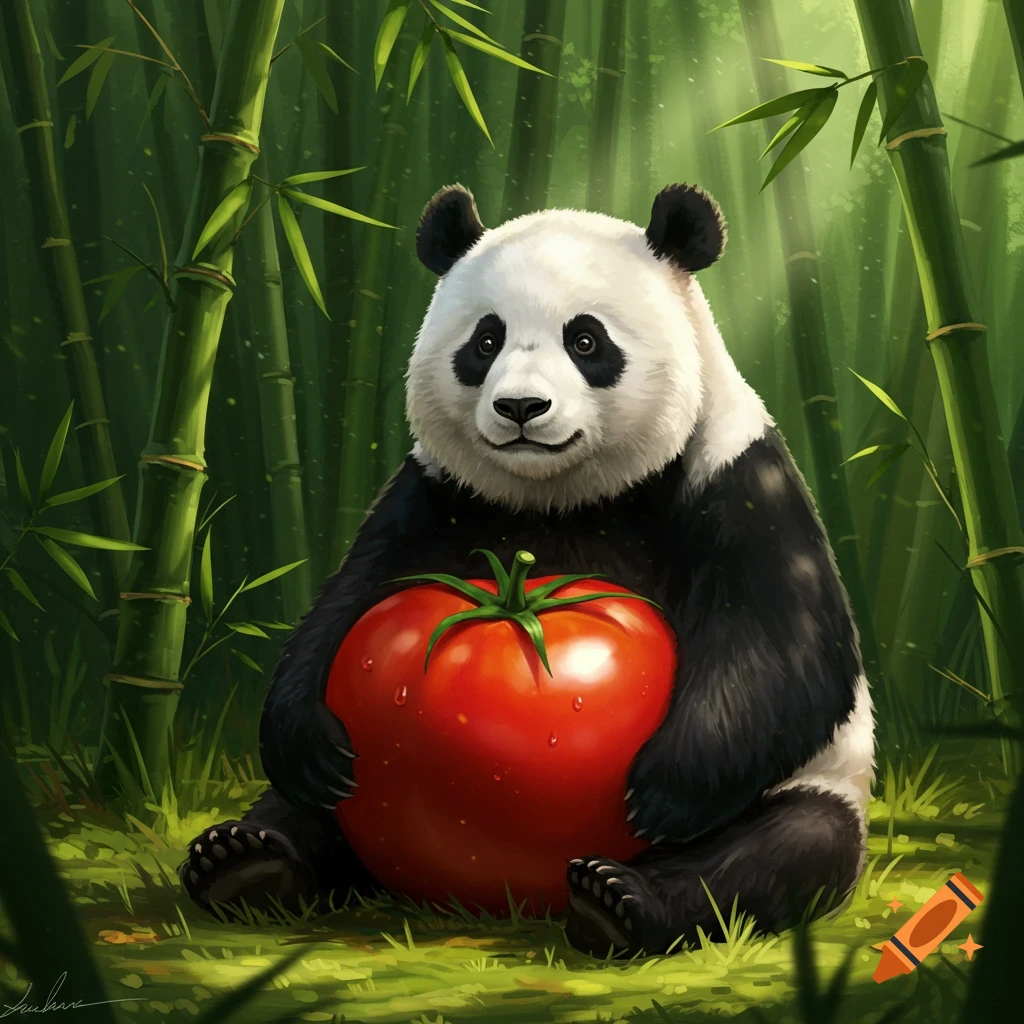 A cute panda sitting in a lush bamboo forest, holding a giant red tomato.