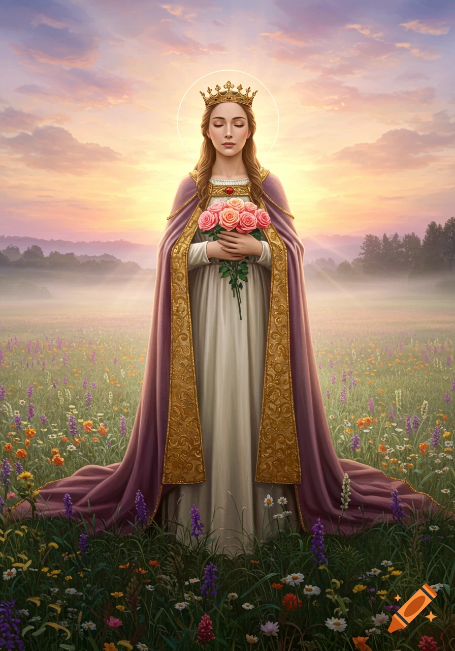 A woman with a crown and halo holds pink roses in a vibrant wildflower field at sunset.