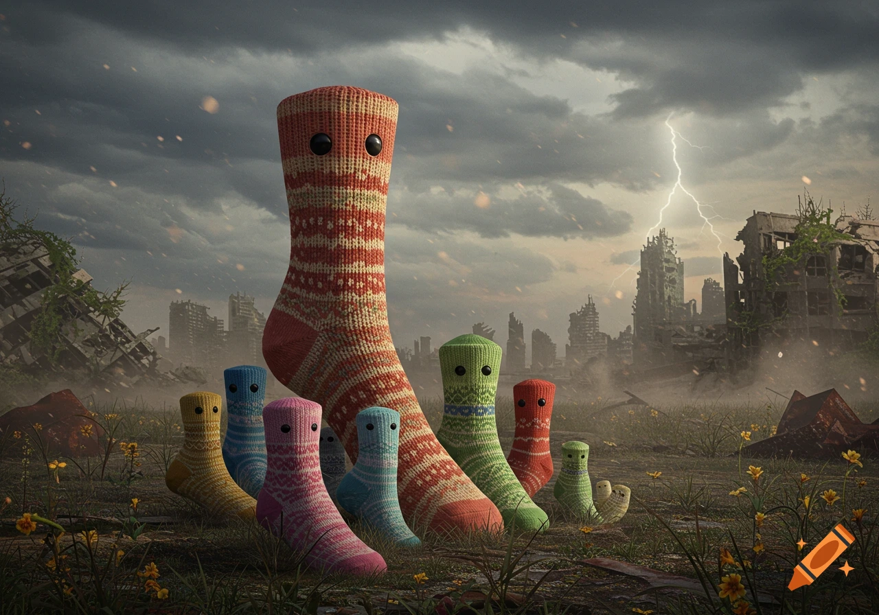 A large knitted 'papa' sock with button eyes stands with smaller colorful 'socklings' in a ruined, overgrown city under a stormy sky with lightning.