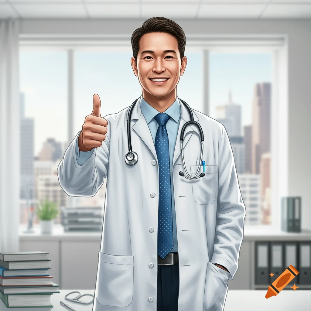 A smiling Asian male doctor in a white lab coat and blue tie gives a thumbs up in an office setting with a cityscape background. Illustration style.