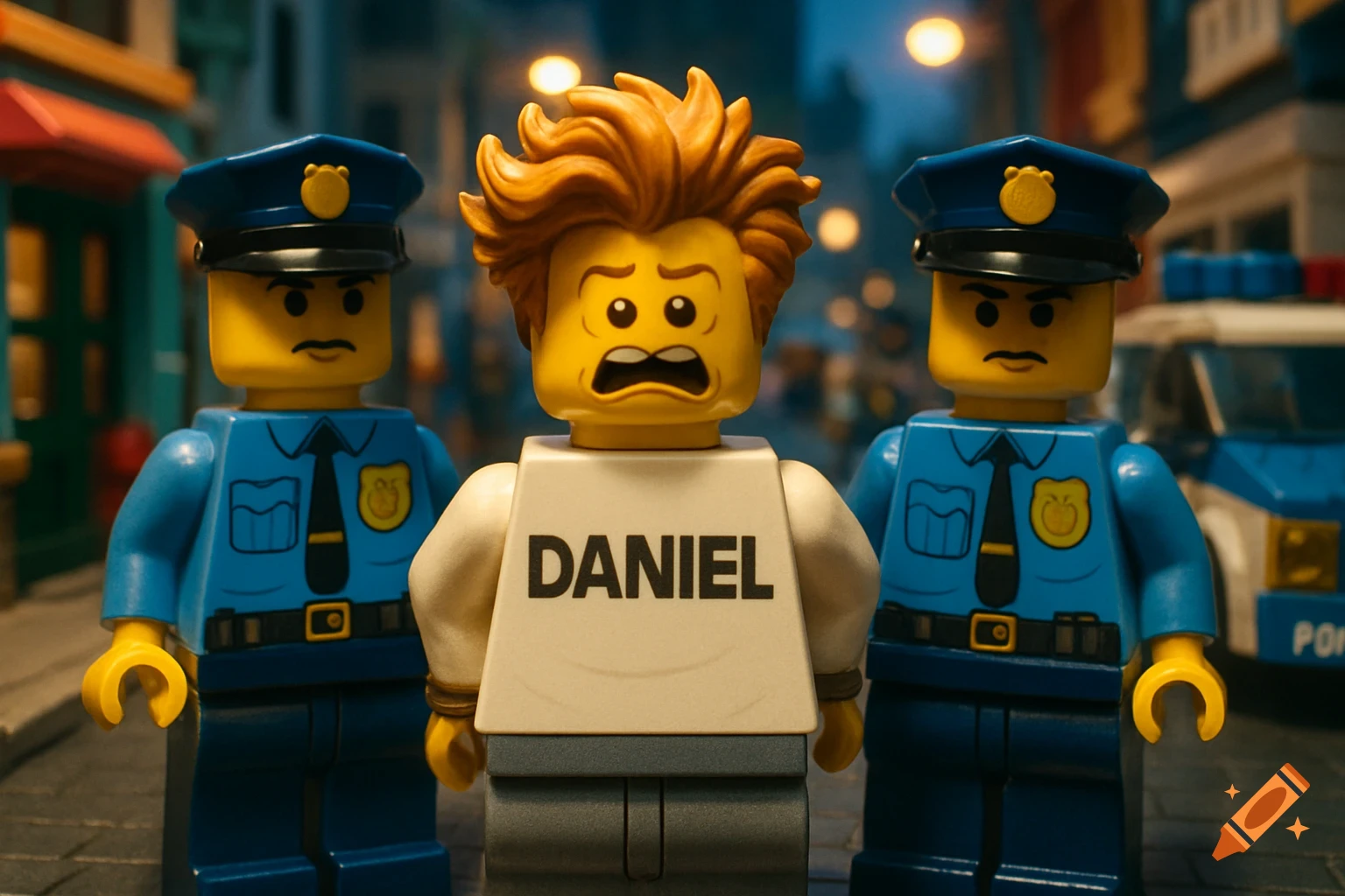 Lego figure Daniel with bushy hair getting arrested by two police Lego officers on a street.