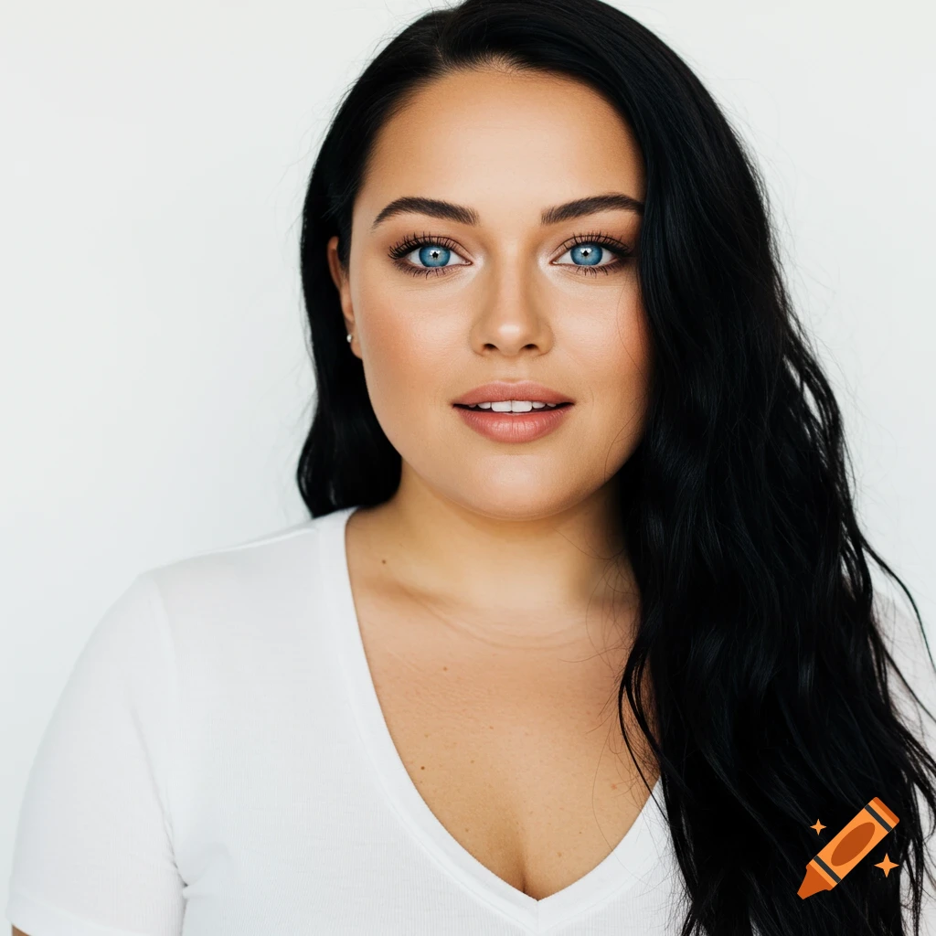 Photorealistic portrait of a woman with long black hair and blue eyes, wearing a white v-neck shirt, against a white background.