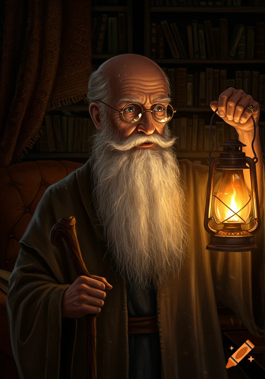 A stylized portrait of an old, bald, long-bearded man wearing glasses and holding a glowing lantern in a dimly lit library.