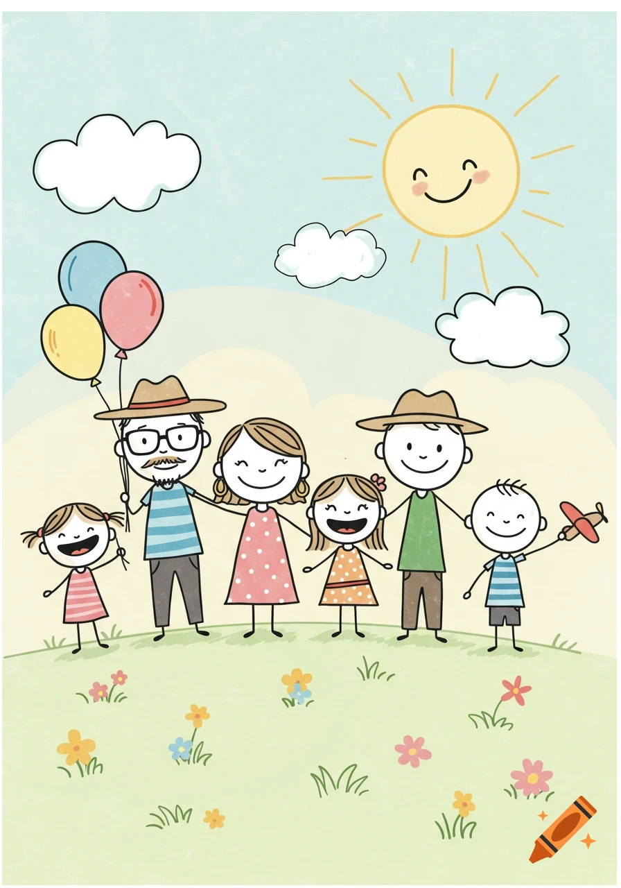A cute stick-figure caricature of a family with a dad, mom, two daughters, and a son under a smiling sun with clouds and flowers.