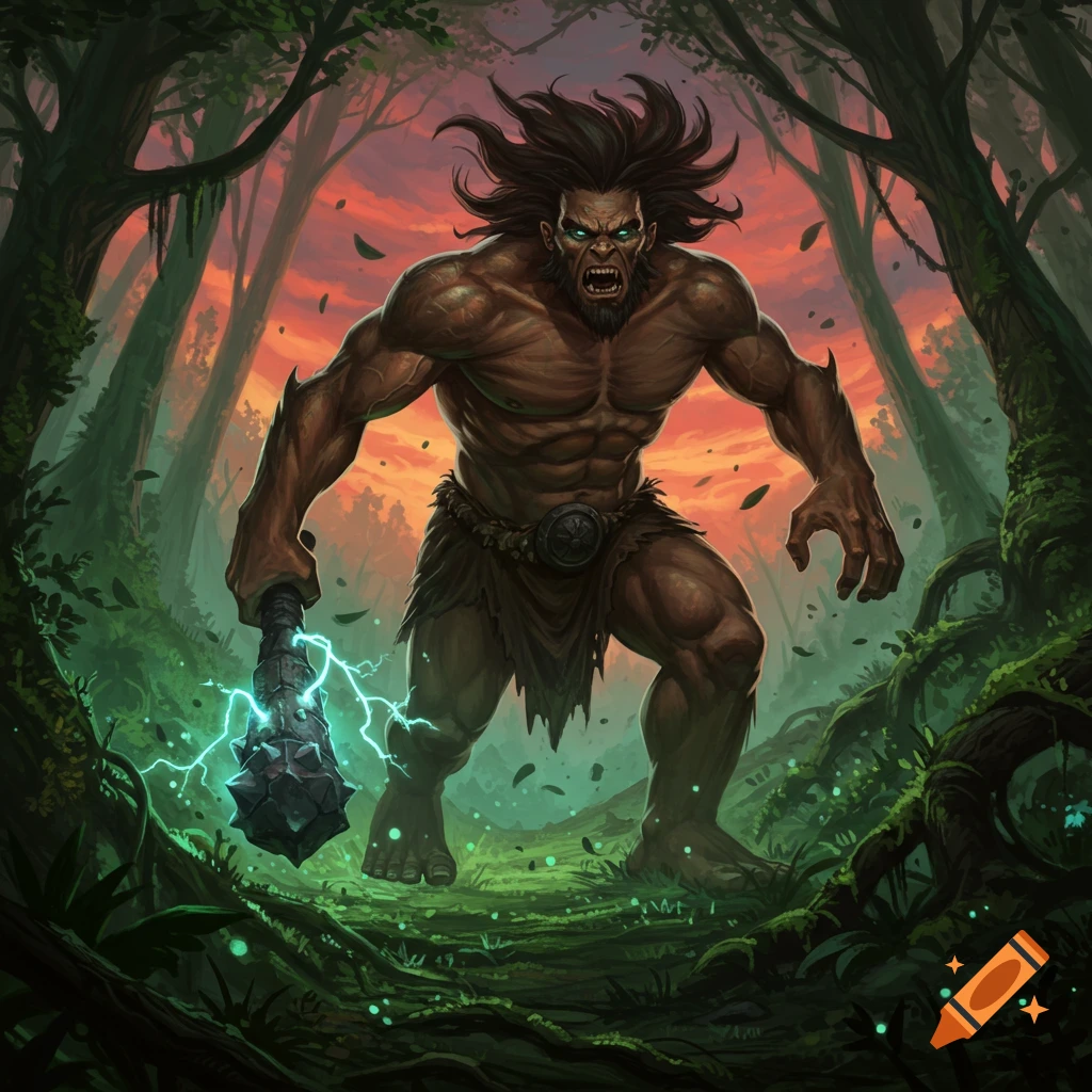 A muscular fantasy giant with wild hair and glowing green eyes strides through a dark, mystic forest, holding a glowing spiked club.