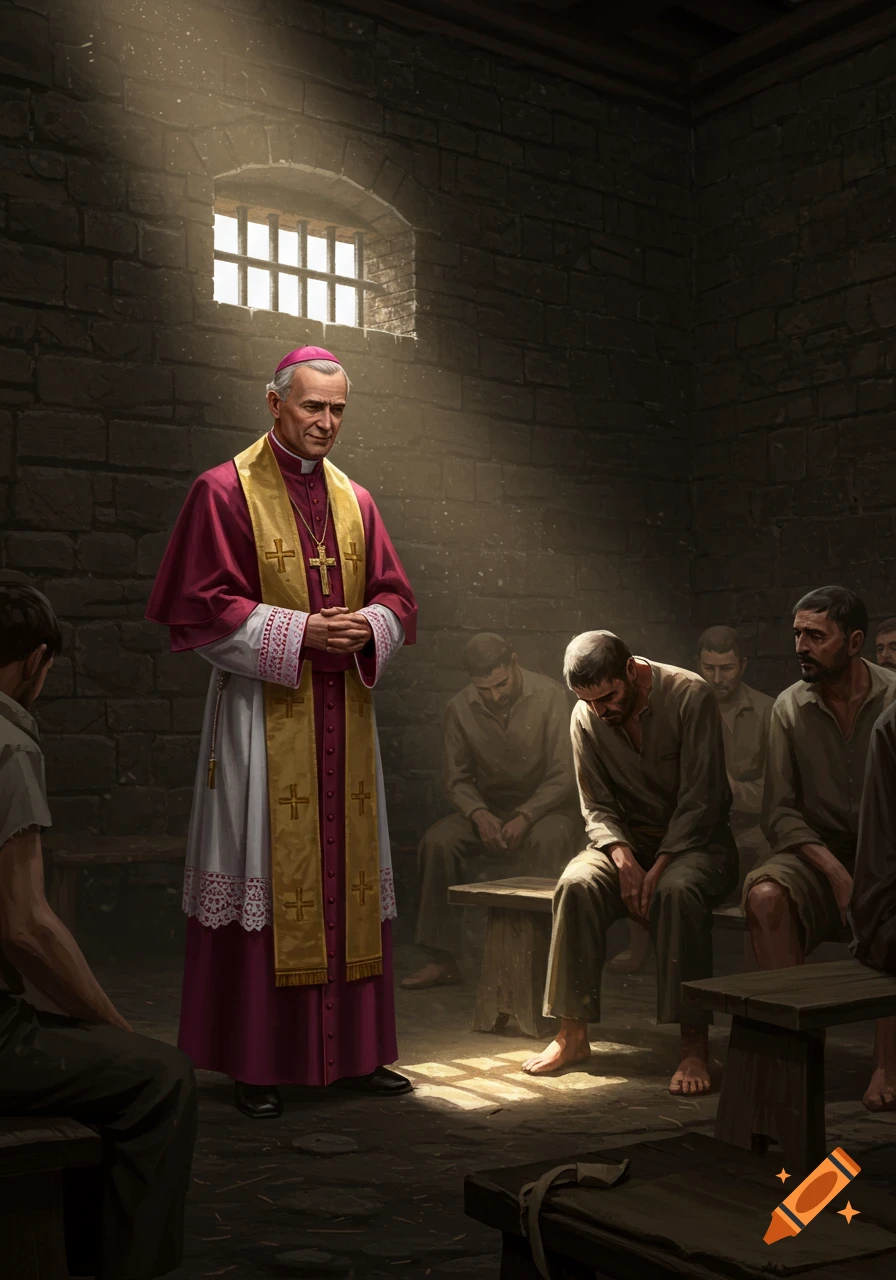An Archbishop in red and gold robes visits prisoners sitting on benches in a dimly lit jail cell, sunlight streaming through a barred window.