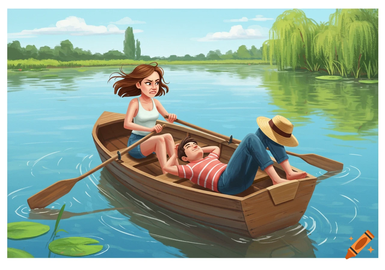 Illustrated scene of an angry woman rowing a boat while a man relaxes, lying down with his feet up, on a calm lake.