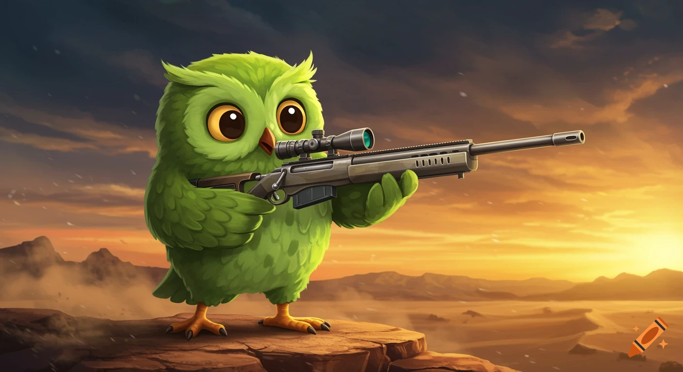 A cute green cartoon owl, resembling Duolingo's character, stands on a cliff holding a large sniper rifle against a vibrant sunset sky.