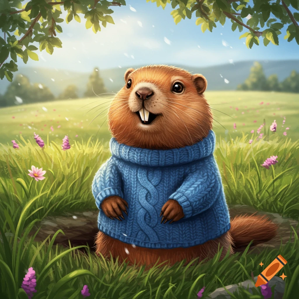 A cute cartoon groundhog wearing a blue cable-knit sweater sits in a grassy field with flowers on a sunny day.