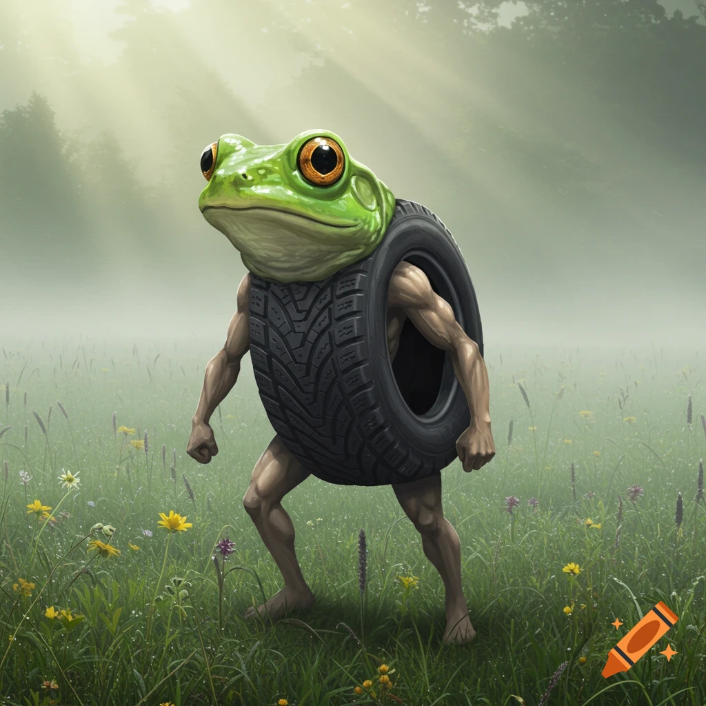 A photorealistic frog with a tire body and human limbs stands in a misty, grassy field.