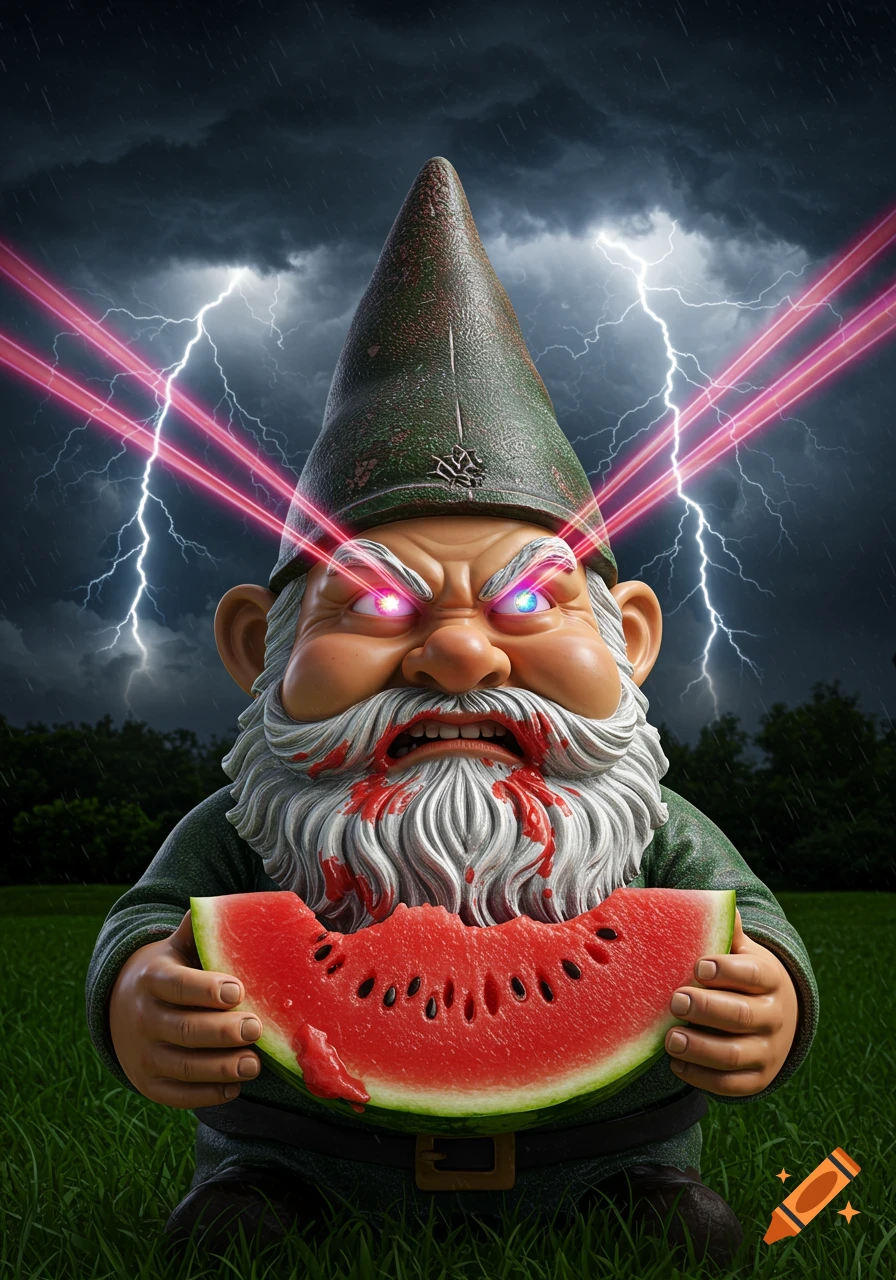 An angry garden gnome with glowing eyes and laser beams holds a large slice of watermelon, its beard stained with red juice. A stormy sky with lightning looms behind it in a grassy field.