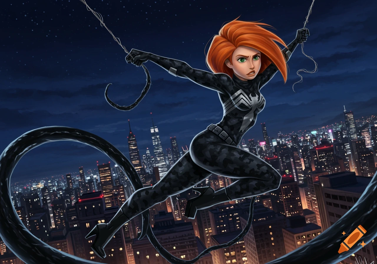 Kim Possible in a black camo Venom suit swings over a city at night, holding a tendril, in a comic book art style.