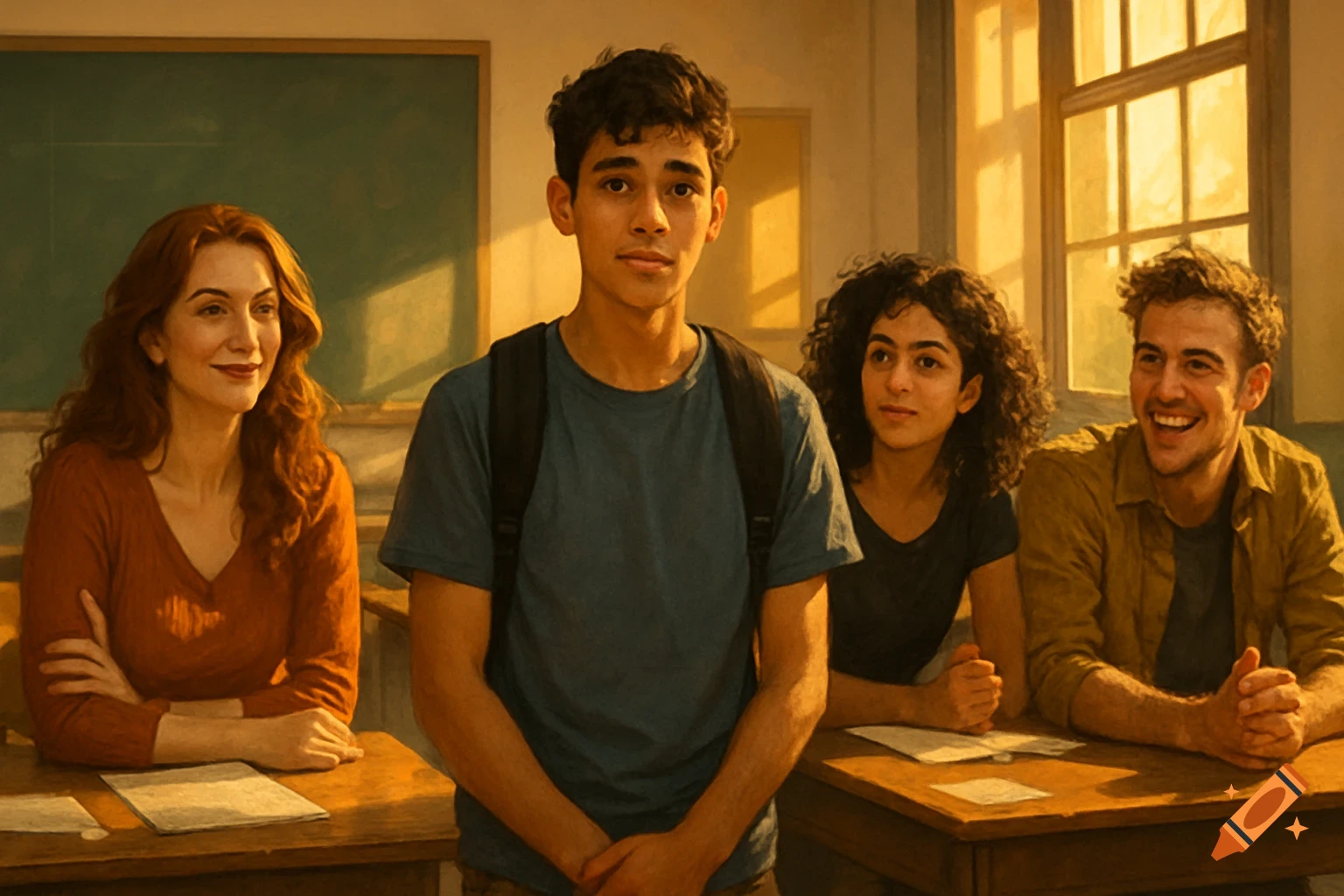 Four young students, one standing and three seated at desks, in a sunlit classroom. Photorealistic style.