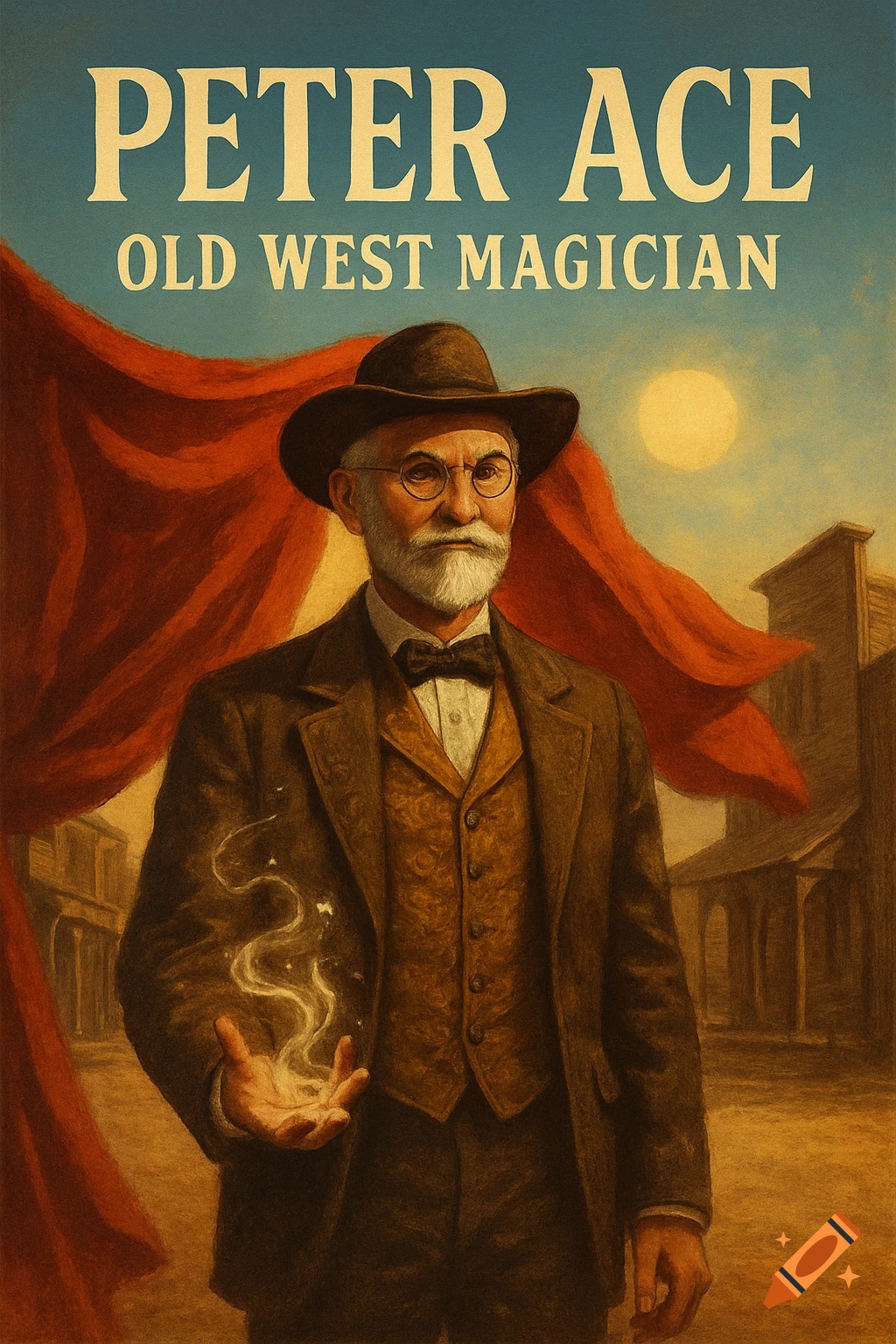 A vintage book cover features a magician named Peter Ace in a Western setting, with a white beard, glasses, cowboy hat, suit, and magical glowing hand.