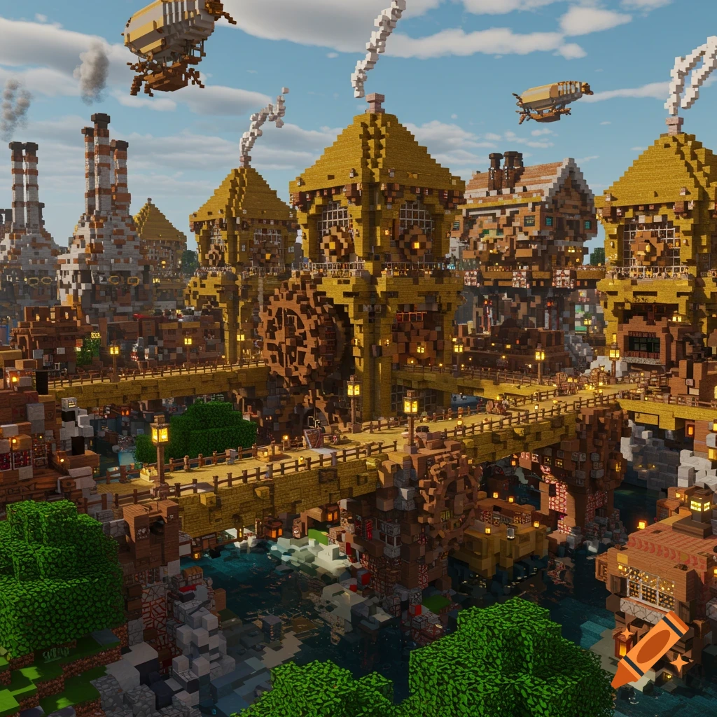 An intricate Minecraft-style steampunk city built over water, featuring multiple tall, blocky buildings, bridges, and two airships in the sky.