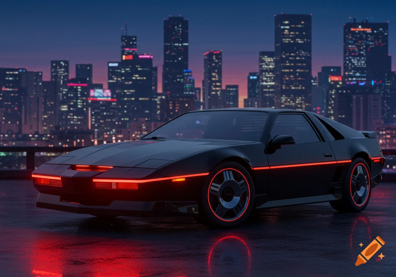 A black futuristic car with red glowing lights parked on a rooftop overlooking a city skyline at dusk.
