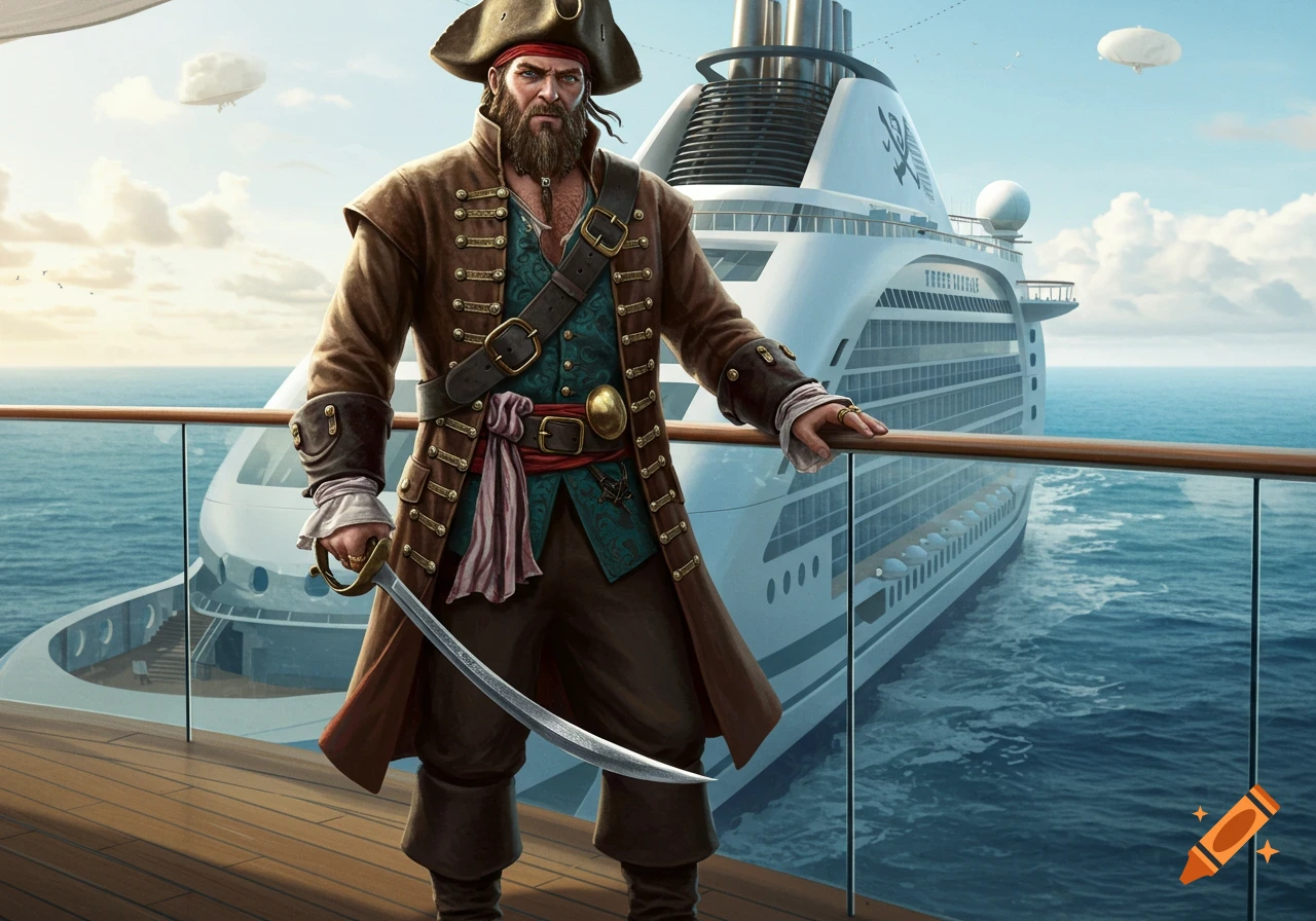 A photorealistic illustration of a bearded pirate in full attire standing on the deck of a modern cruise ship at sea.
