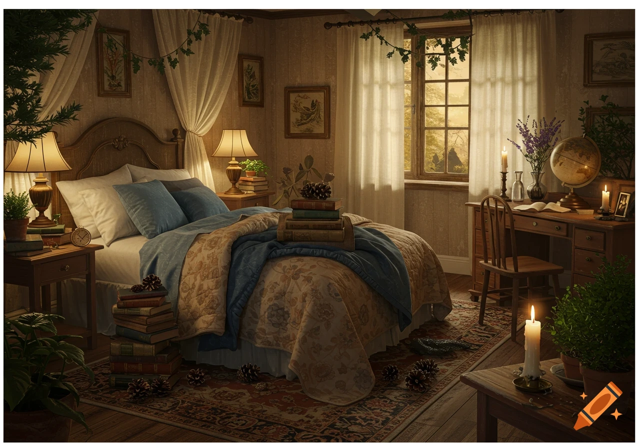 A cozy, warm-toned cottagecore bedroom with a bed, desk, and many books, illuminated by lamps and candles.