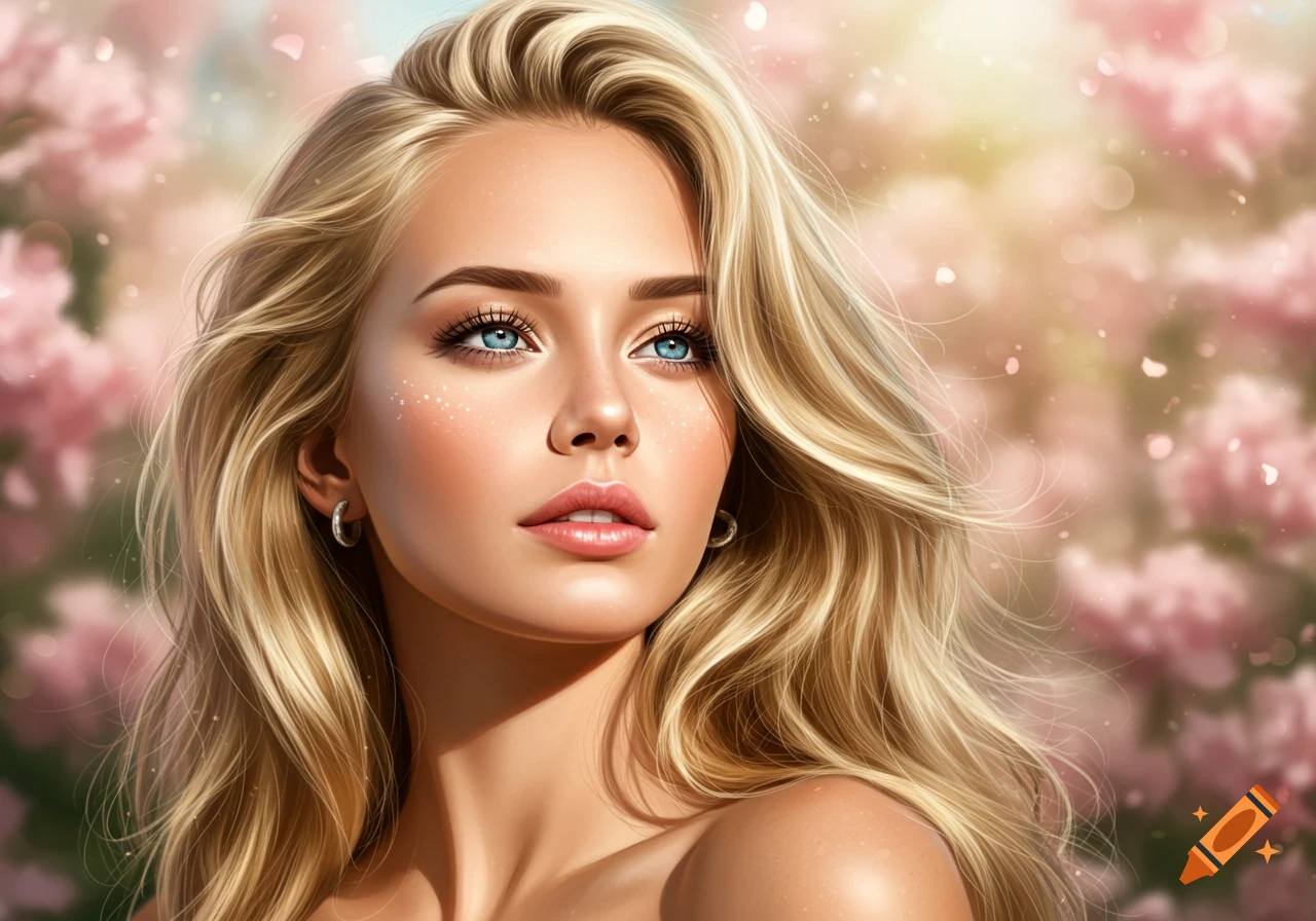 A photorealistic portrait of a beautiful blonde woman with blue eyes looking up, surrounded by soft pink cherry blossoms.