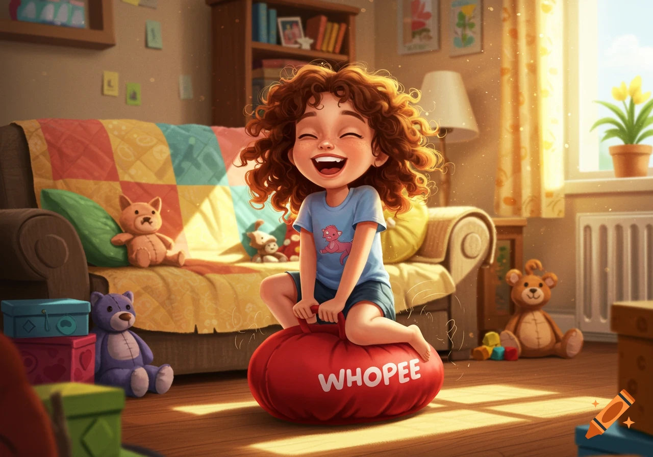 A joyful cartoon girl with curly hair laughing while sitting on a red 'WHOPEE' cushion in a brightly lit room.