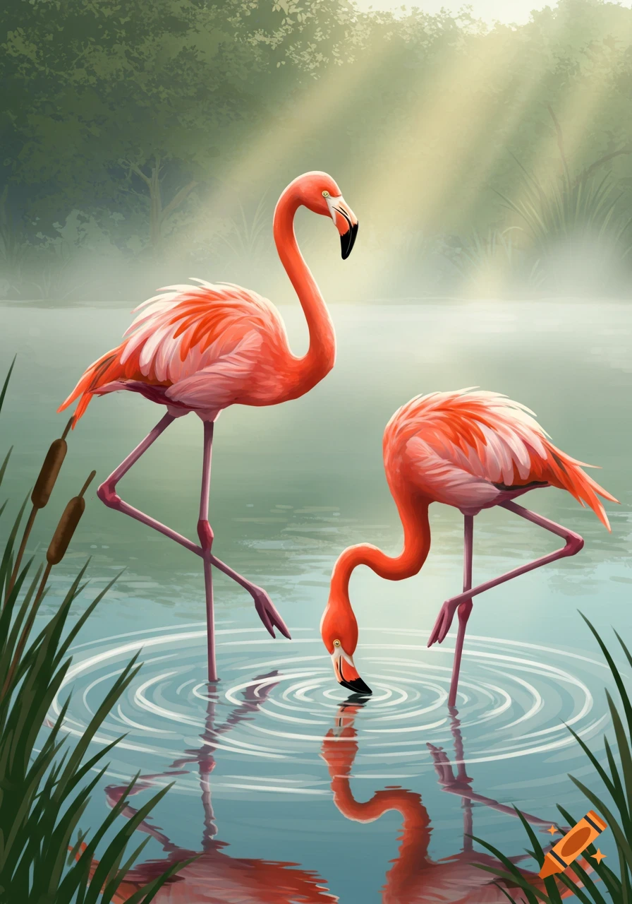 Two pink flamingos stand in calm water, one drinking as ripples spread, surrounded by green foliage and sun rays.