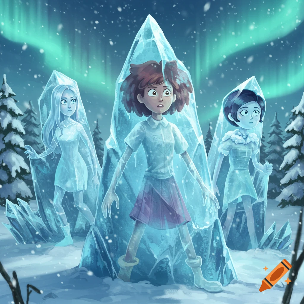 Anime-style girls Anne, Sasha, and Marcy are frozen in ice crystals in a snowy forest with an aurora.