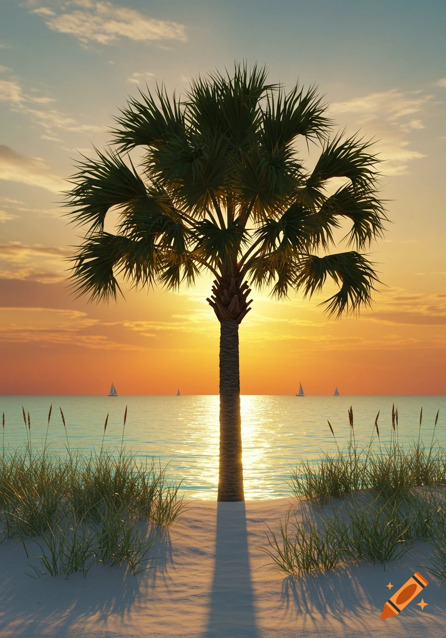 A photorealistic image of a palmetto tree silhouetted against a golden sunset over the ocean, with sailboats on the horizon.