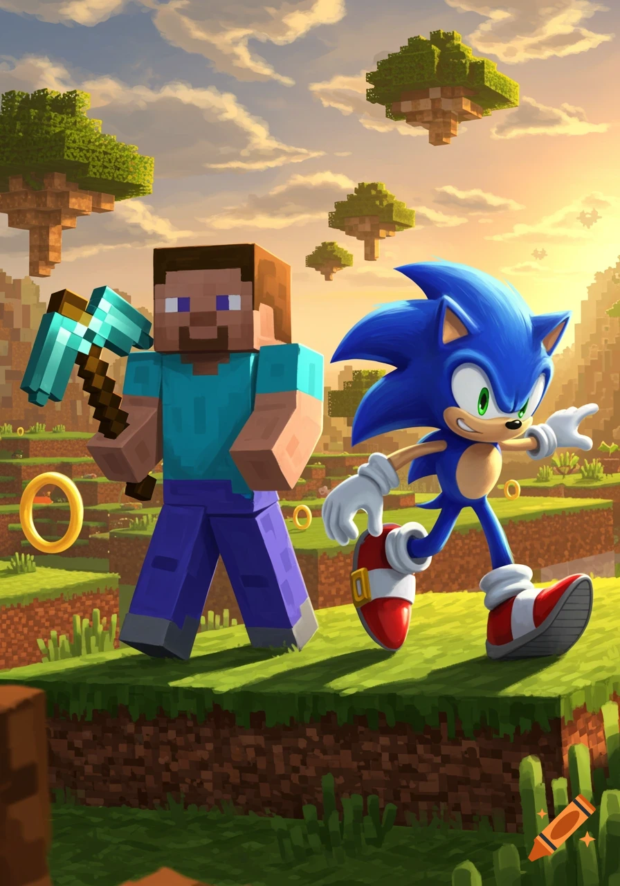 Steve from Minecraft with a pickaxe and Sonic the Hedgehog running through a blocky Minecraft world with floating islands and gold rings.
