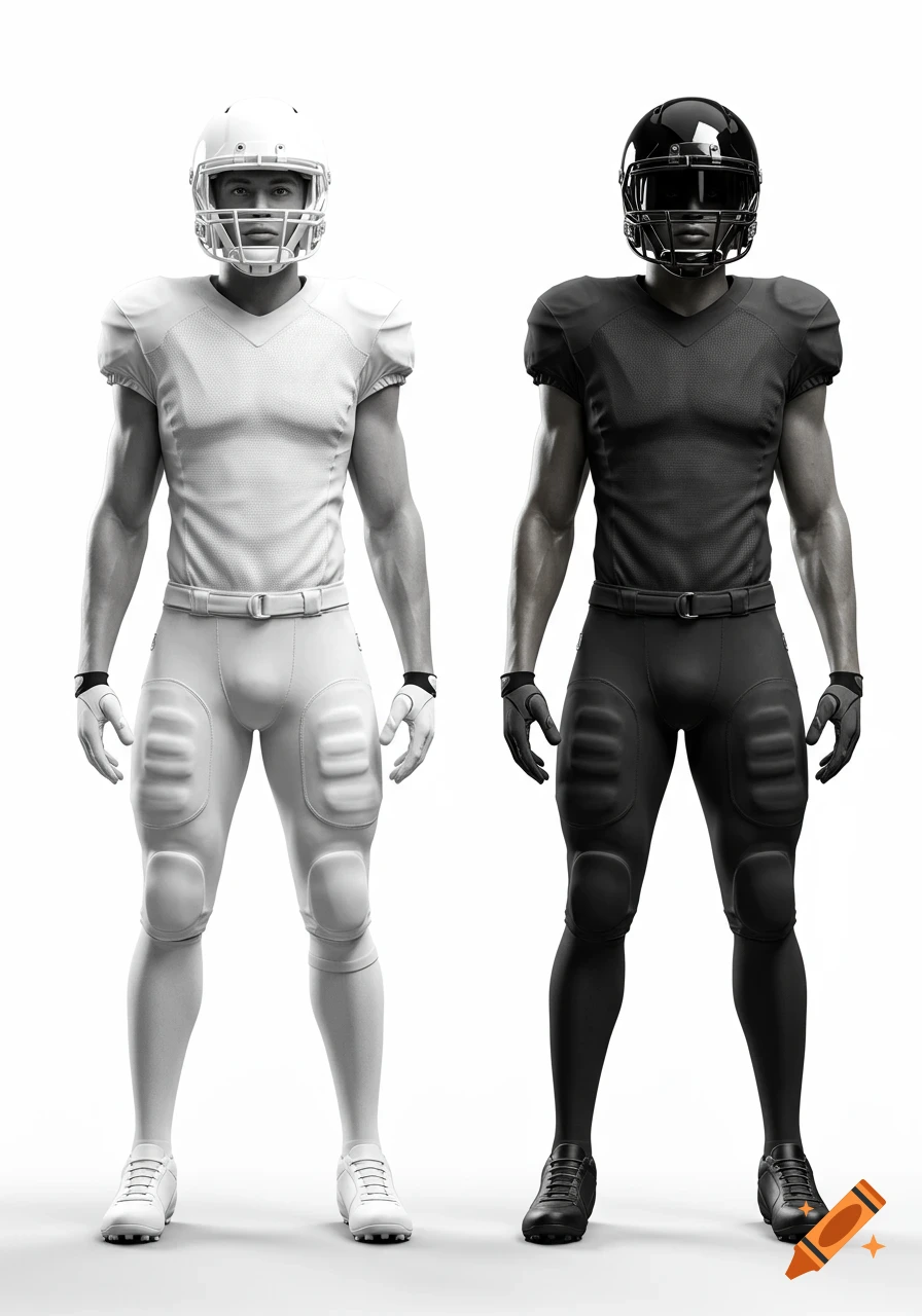 Two photorealistic American football players, one in white and one in black uniform, standing on a white background.