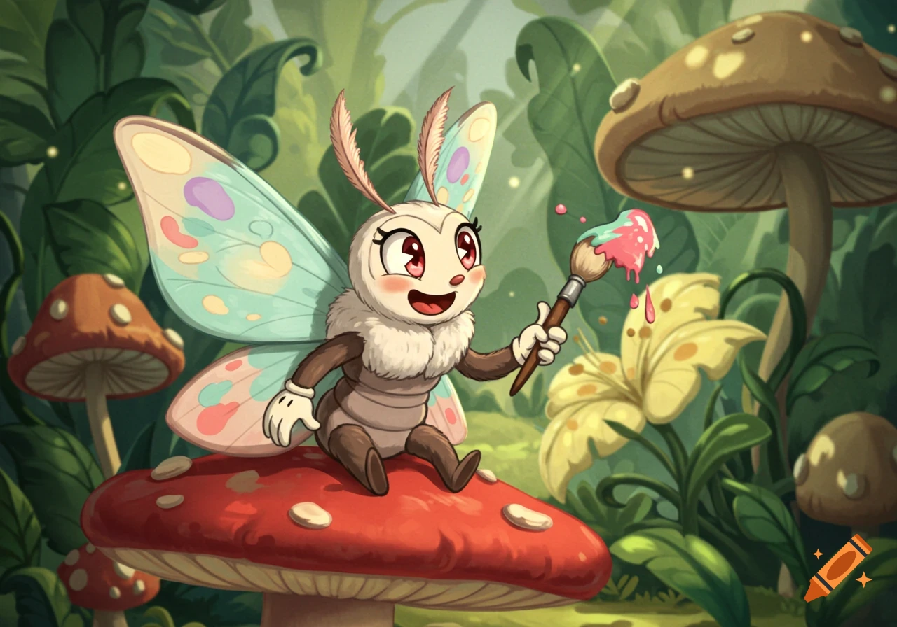 A happy cartoon moth character with colorful wings sits on a red mushroom, holding a paintbrush dripping with paint in a lush green forest.