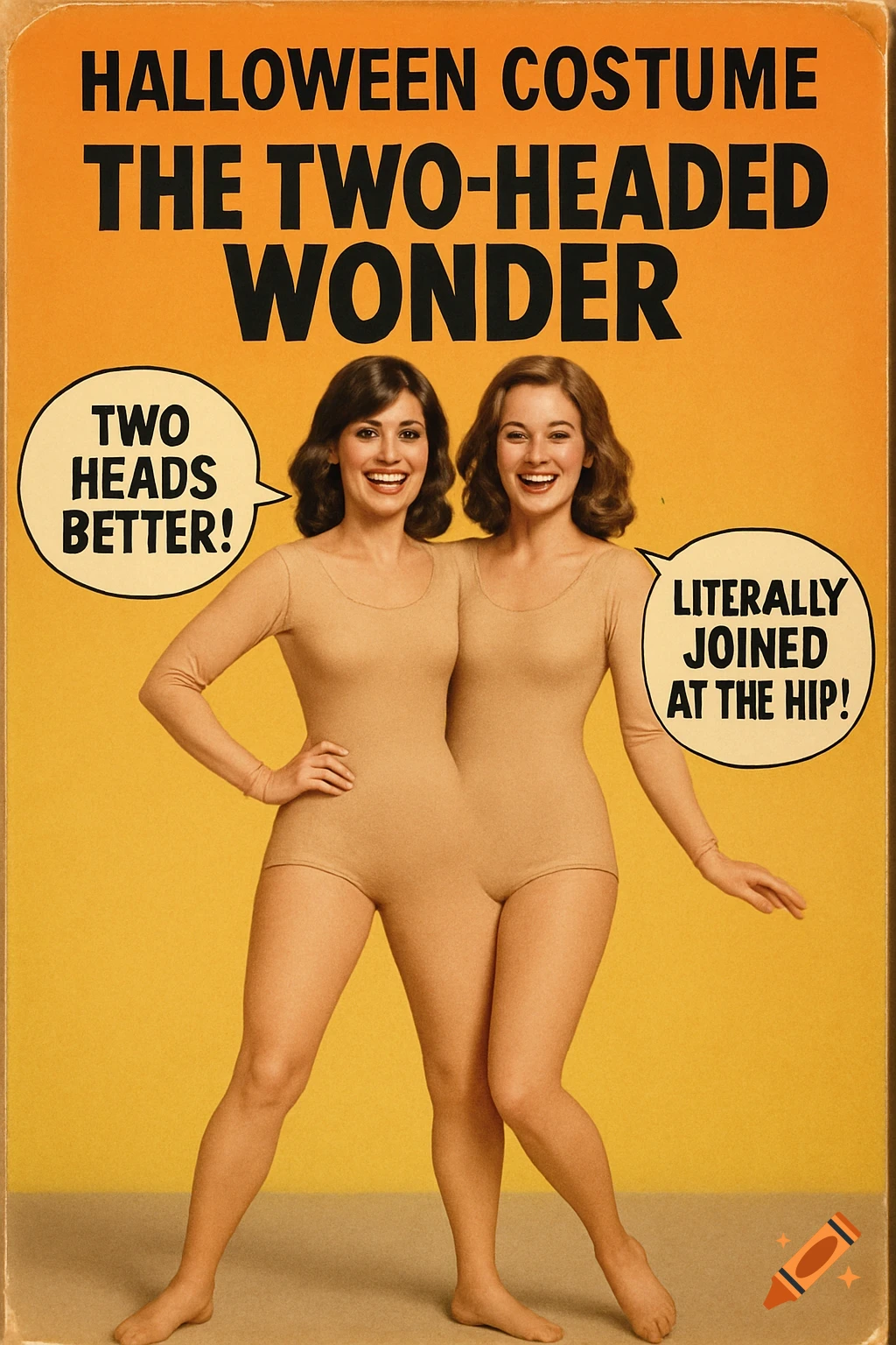 A vintage Halloween costume package for 'The Two-Headed Wonder' featuring two women in a single tan bodysuit, creating a conjoined illusion. Text reads 'Two Heads Better!' and 'Literally Joined at the Hip!'